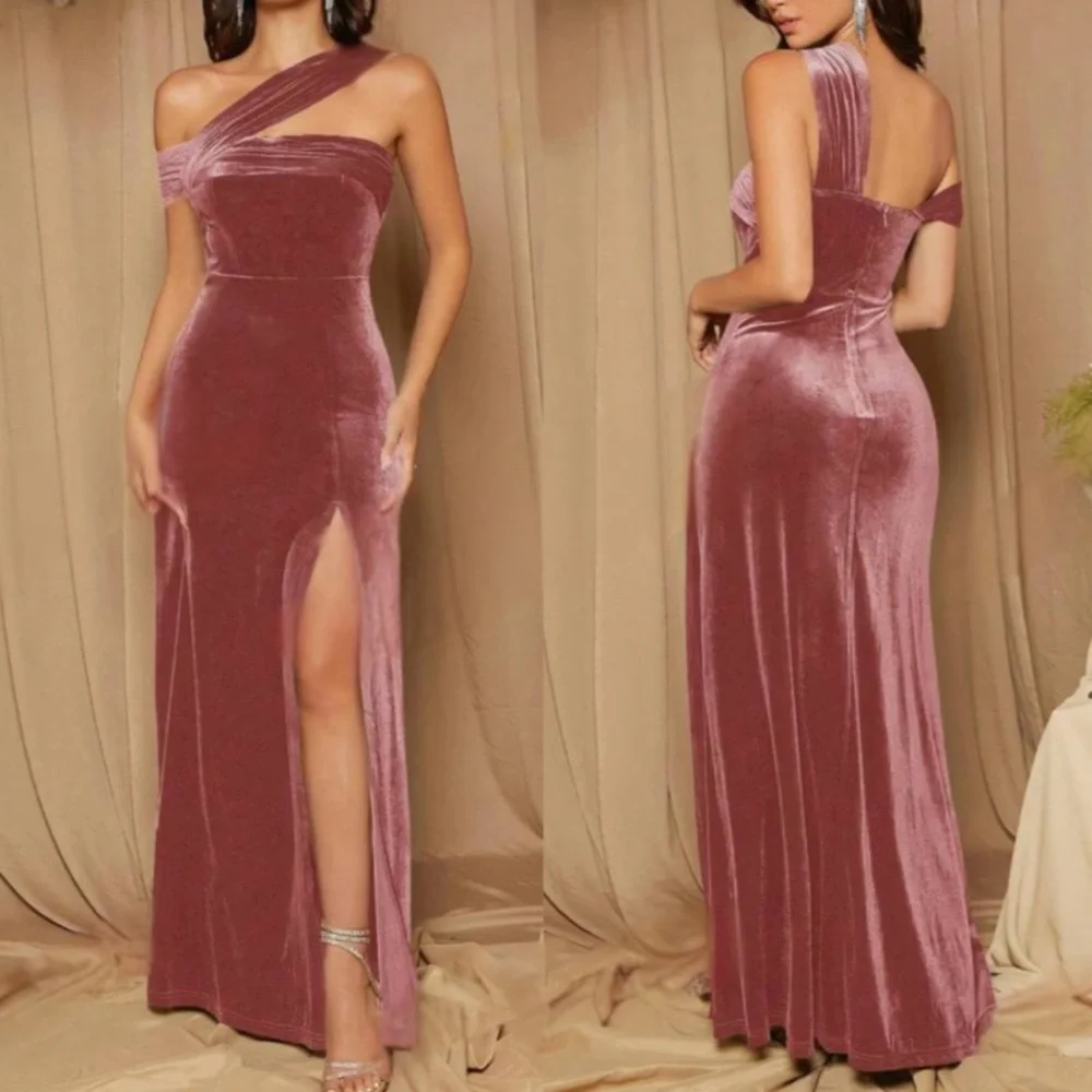 Luxe velvet one shoulder slit thigh party formal evening wedding  gown dress